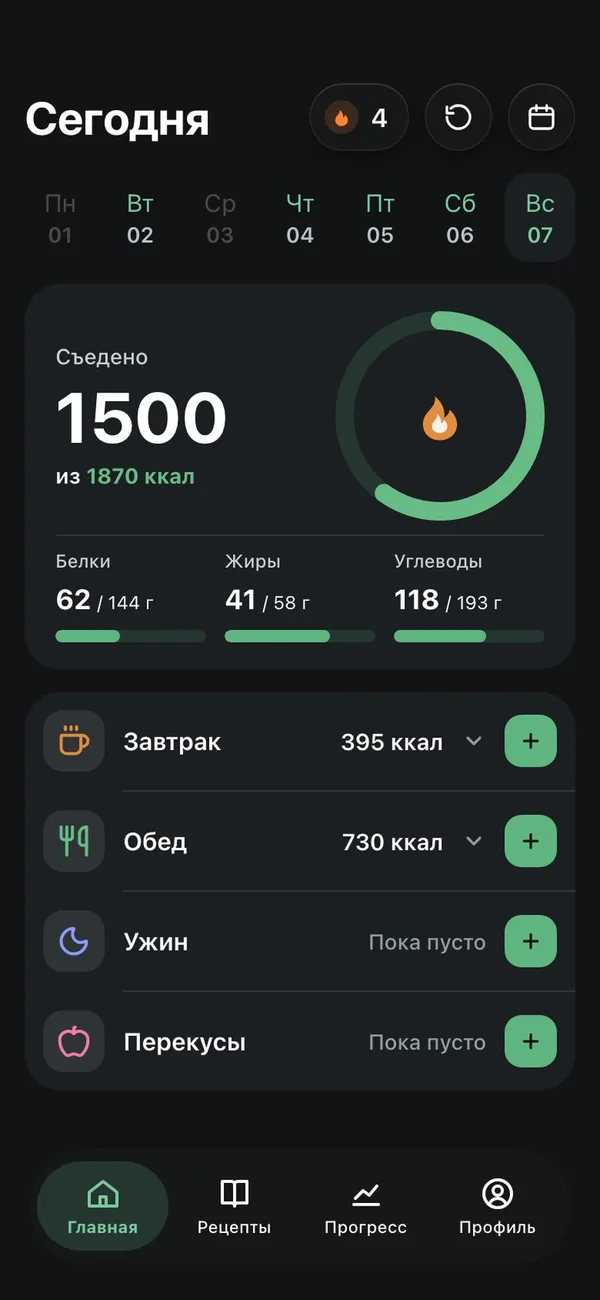 Главный экран Вилкина в тёмной теме